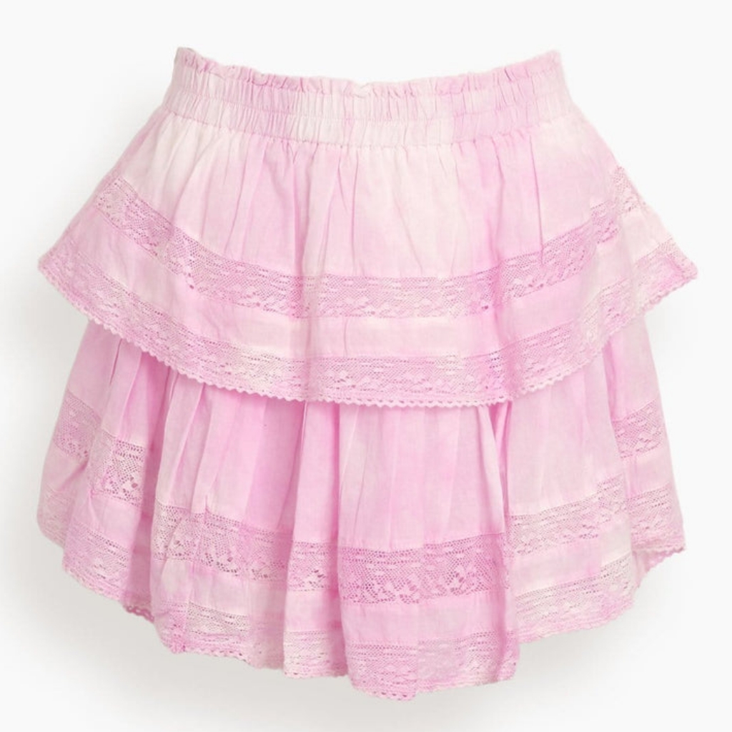 Loveshackfancy Pink Ruffled Mini Cotton Tiered Skirt S